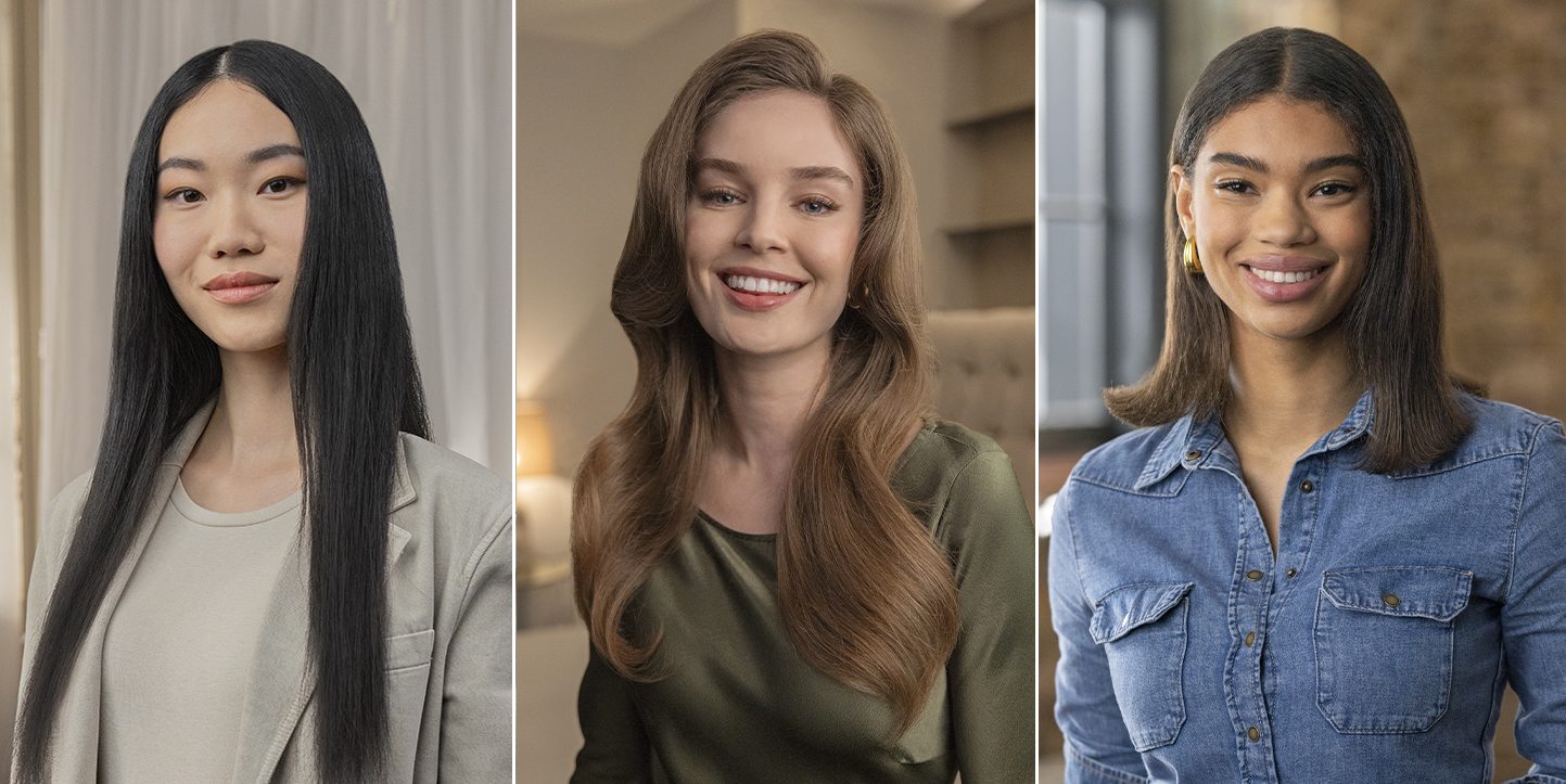 Tres mujeres sonrientes con cabello largo y liso negro, cabello castaño ondulado medio y cabello castaño liso hasta los hombros.